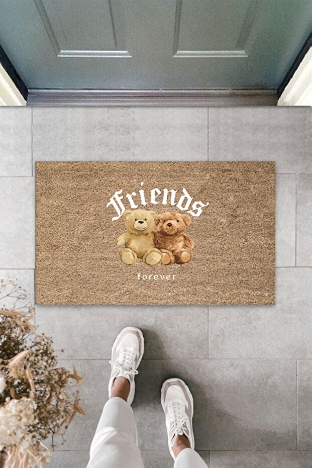 Outdoor and Indoor Beige Door Mat Friends Forever Teddy Bear Pattern Doormat