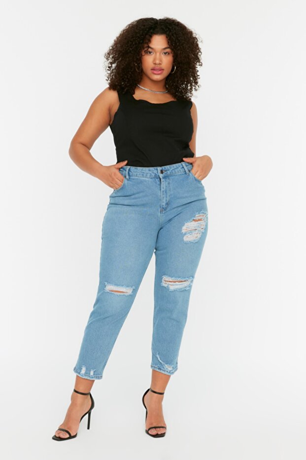 Açık Mavi Yüksek Bel Yırtık Detaylı Esnek Büyük Beden Skinny Jeans TBBSS22JE0187 - 2