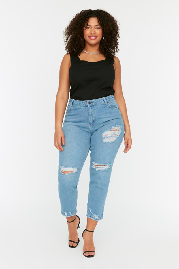 Açık Mavi Yüksek Bel Yırtık Detaylı Esnek Büyük Beden Skinny Jeans TBBSS22JE0187 - 1