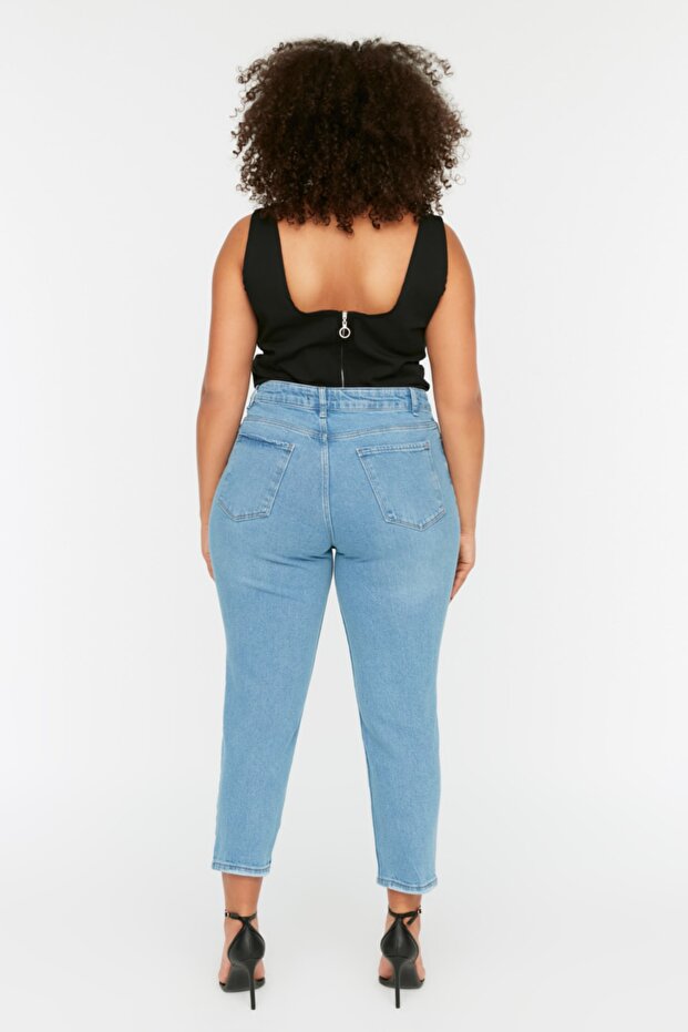 Açık Mavi Yüksek Bel Yırtık Detaylı Esnek Büyük Beden Skinny Jeans TBBSS22JE0187 - 5