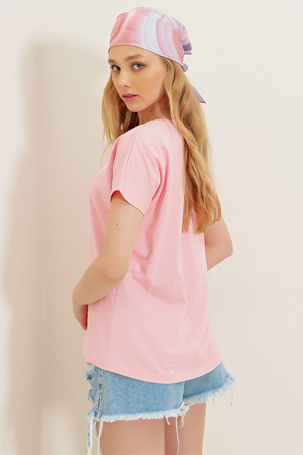 Kadın Pudra V Yaka Basic T-Shirt ALC-1045-A - 7