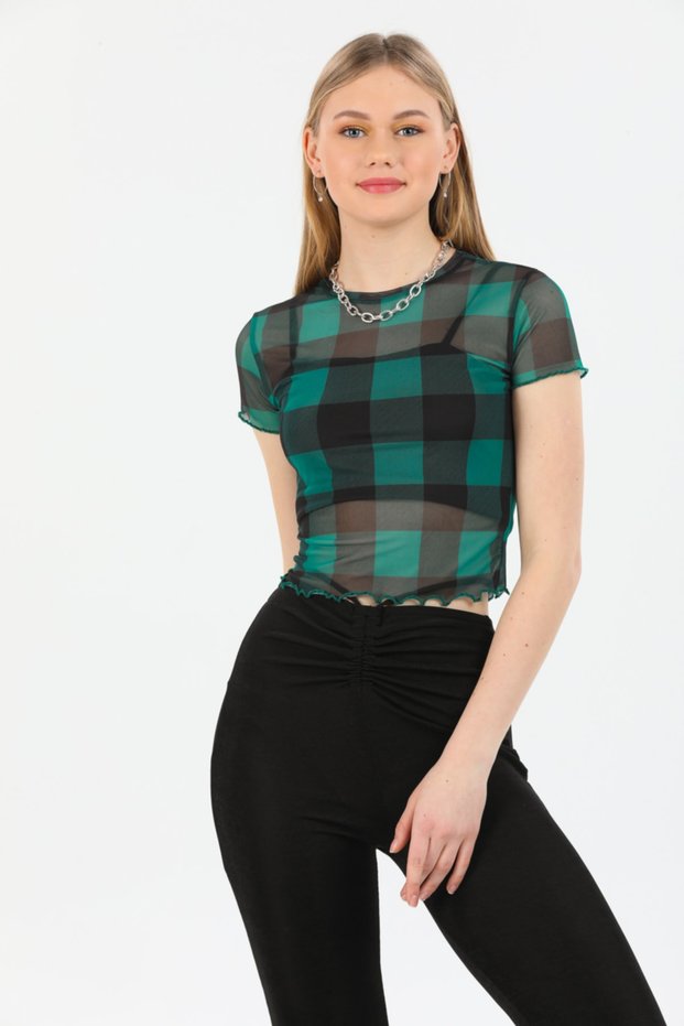Women's Checkerboard Patterned Short Sleeve Tulle Transparent Blouse