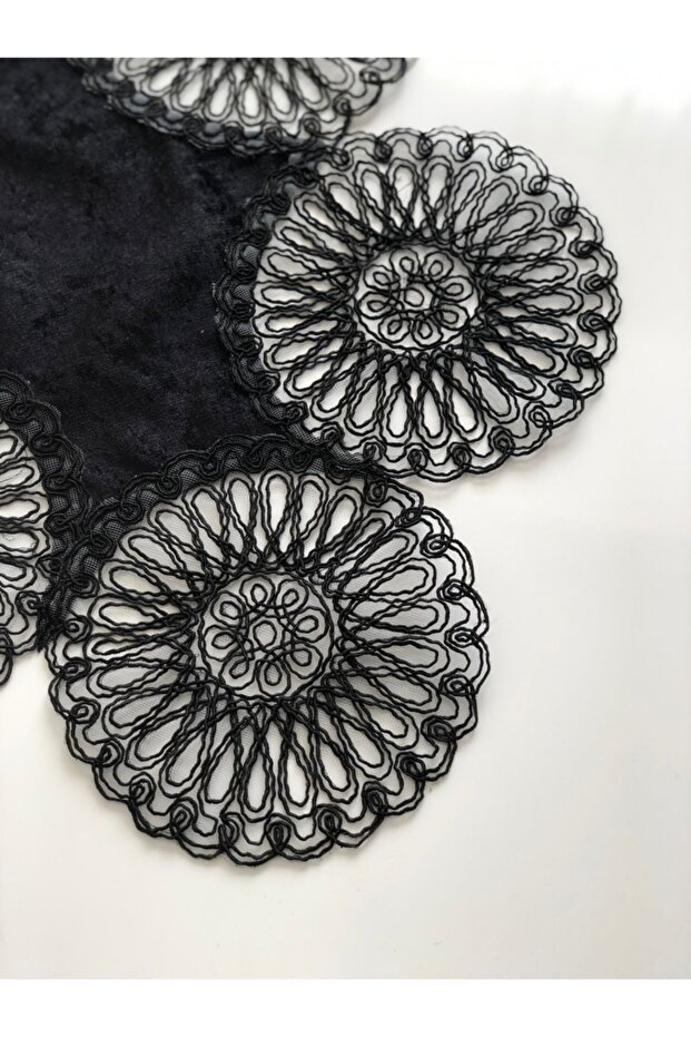 Anglez Kordon Nakışlı Kadife Runner Siyah - 2