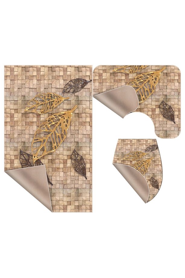 Yaprak Tasarım 3'lü Set Banyo Paspası, Klozet Takımı Kaymaz Taban Dijital Baskı 60x100 - 50x60 - 2