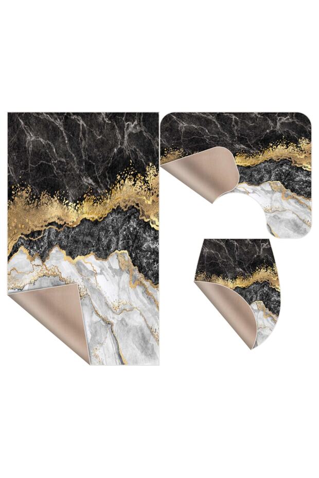 Mermer Desen 3'lü Set Banyo Paspası, Klozet Takımı Kaymaz Taban Dijital Baskı 60x100 - 50x60 - 2