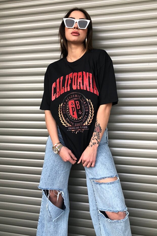 Women's California Printed Black Oversize T-shirt