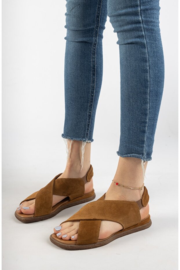 6101 Tan Genuine Suede Leather Women's Sandals
