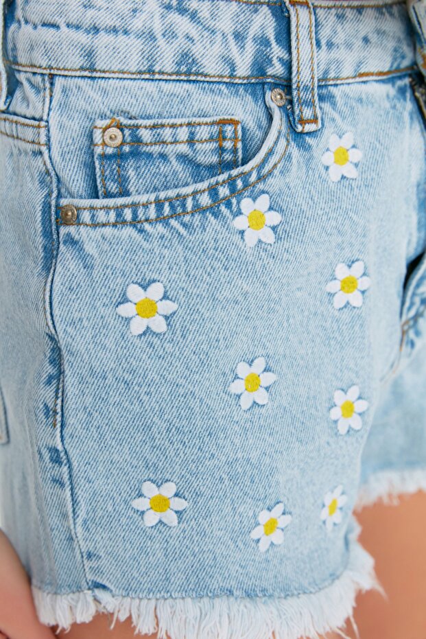 Mavi Denim Nakışlı Plaj Mini Yüksek Bel Şort & Bermuda TBESS22SR0392 - 4
