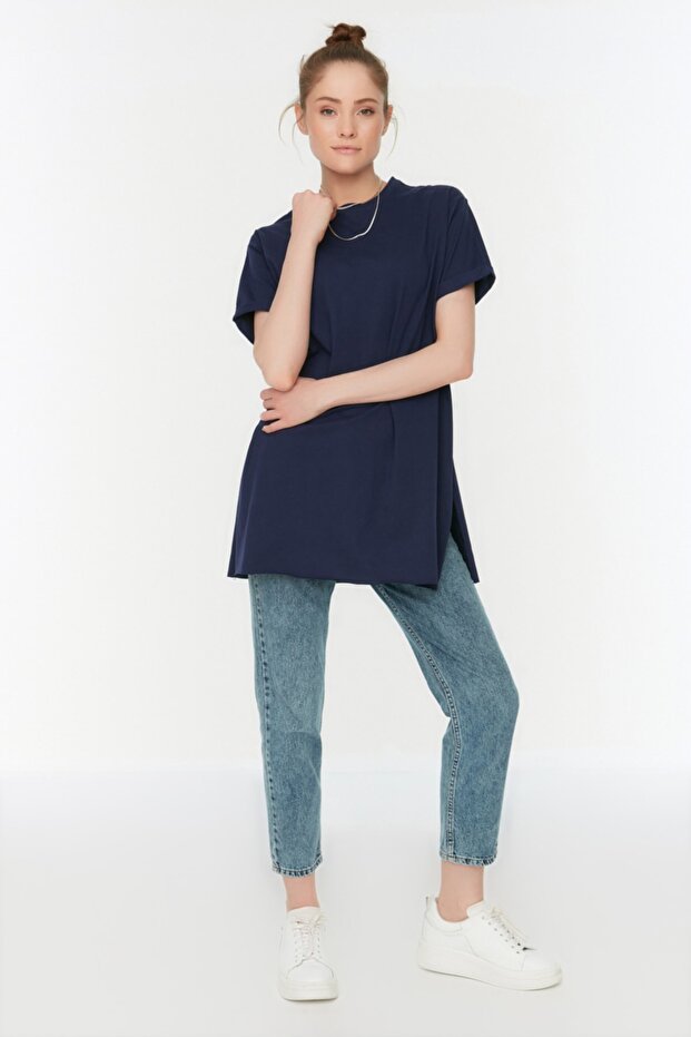 Lacivert-Beyaz 2'li Paket Yırtmaç Detaylı Bisiklet Yaka Basic Örme T-Shirt TCTSS21UK0009 - 3