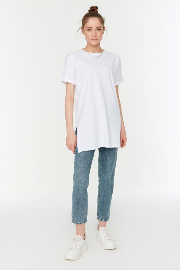 Lacivert-Beyaz 2'li Paket Yırtmaç Detaylı Bisiklet Yaka Basic Örme T-Shirt TCTSS21UK0009 - 4