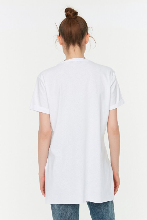 Lacivert-Beyaz 2'li Paket Yırtmaç Detaylı Bisiklet Yaka Basic Örme T-Shirt TCTSS21UK0009 - 8