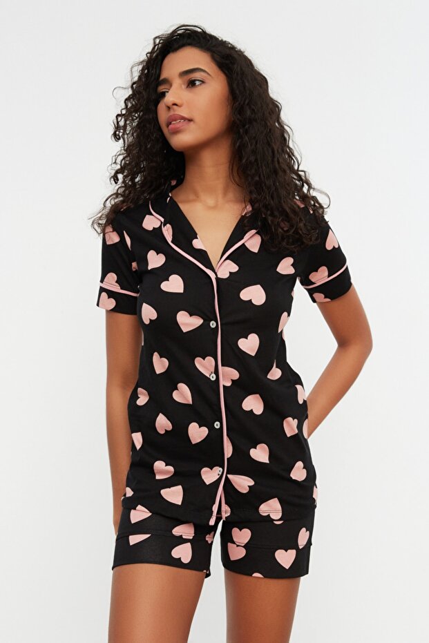 Heart Patterned 100% Cotton Shirt and Shorts Sleepwear Set - THMSS21PT1200 - 12