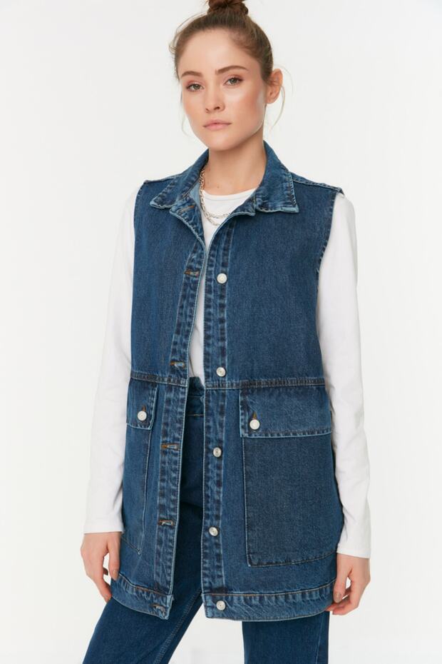 Koyu Mavi Gömlek Yaka Cep Detaylı %100 Pamuk Denim Yelek Ceket TCTAW22CK0006 - 5