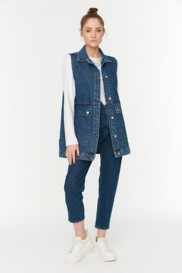 Koyu Mavi Gömlek Yaka Cep Detaylı %100 Pamuk Denim Yelek Ceket TCTAW22CK0006 - 7