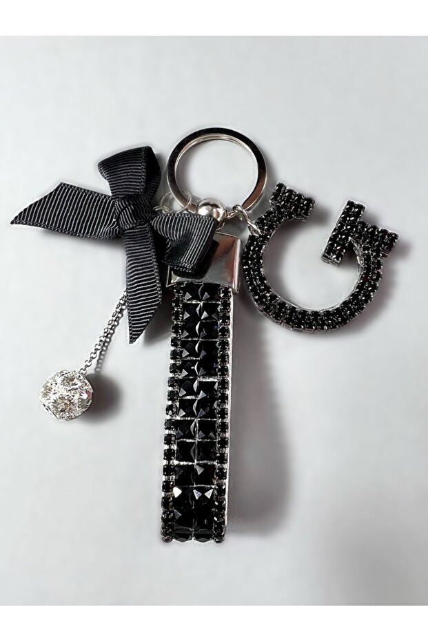 Black Baguette Black Meter Light Keychain Black G Letter Silver Tiny Ball Black Ribbon