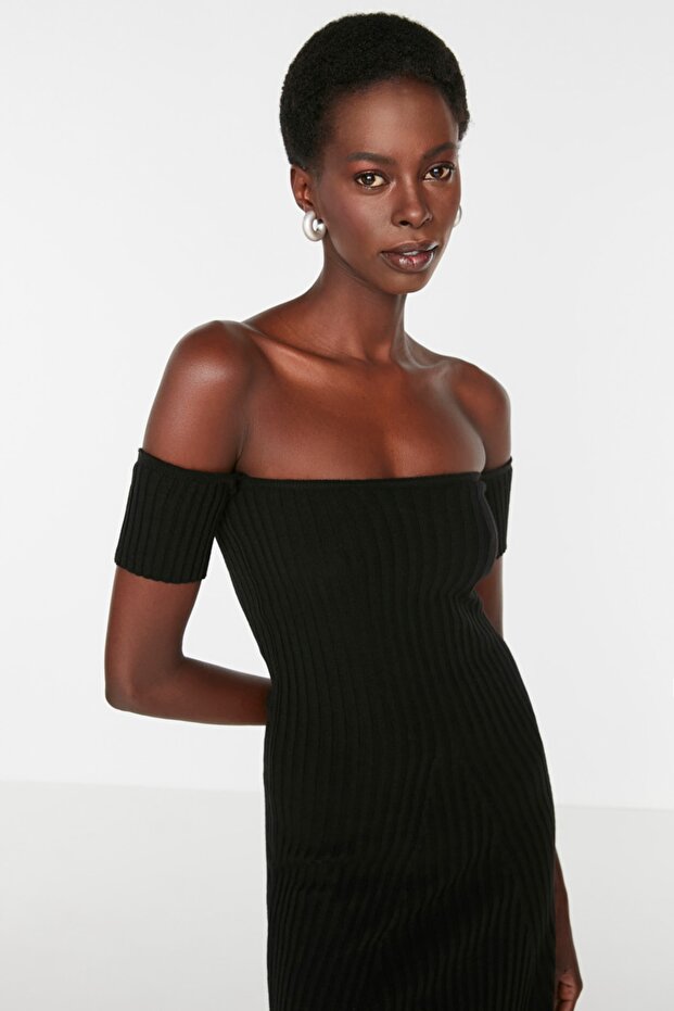 Siyah Midi Carmen Yaka Elbise TWOSS22EL2388 - 3