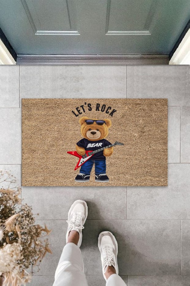 Outdoor and Indoor Beige Door Mat Let's Rock Teddy Bear Pattern Doormat