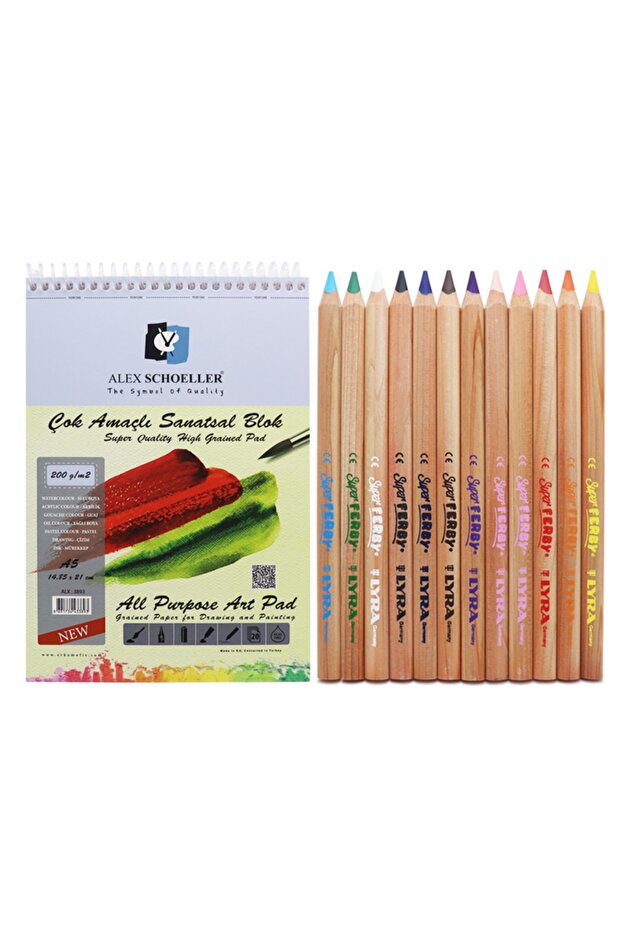 Alex Schoeller A5 200 Gr Multi-Purpose Artistic Block Lyra Super Ferby Maxi Triangle Dry Paint Set 12 Colors
