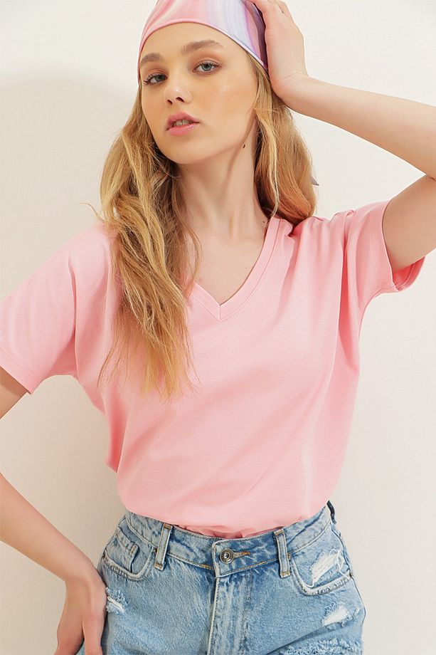 Kadın Pudra V Yaka Basic T-Shirt ALC-1045-A - 3