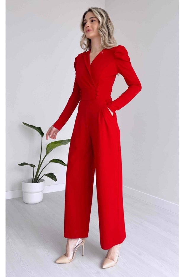 Flexible Fabric Button Detailed Wide Leg Long Sleeve Red Evening Dress Jumpsuit & Graduation Dress 029