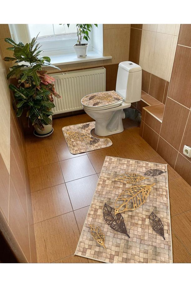 Yaprak Tasarım 3'lü Set Banyo Paspası, Klozet Takımı Kaymaz Taban Dijital Baskı 60x100 - 50x60 - 1