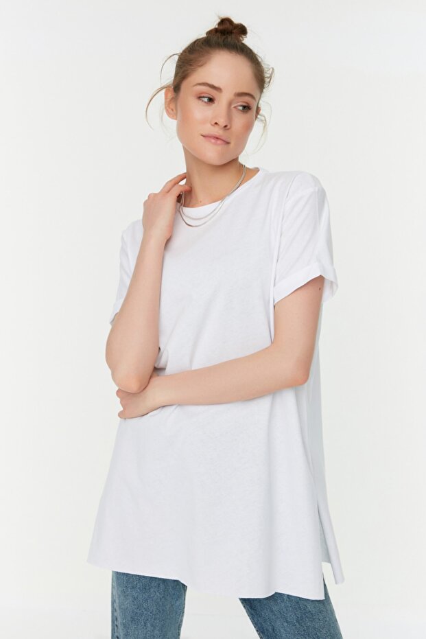 Lacivert-Beyaz 2'li Paket Yırtmaç Detaylı Bisiklet Yaka Basic Örme T-Shirt TCTSS21UK0009 - 2
