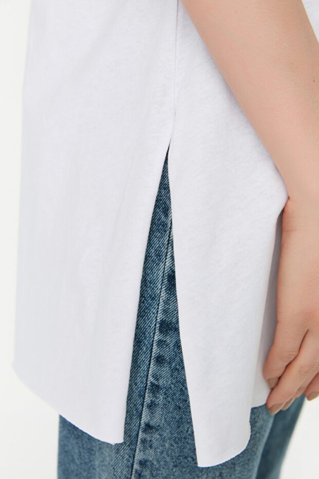 Lacivert-Beyaz 2'li Paket Yırtmaç Detaylı Bisiklet Yaka Basic Örme T-Shirt TCTSS21UK0009 - 7