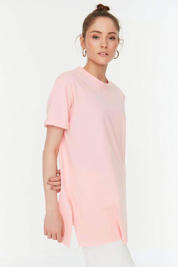 Gri-Pembe 2'li Paket Yırtmaç Detaylı Bisiklet Yaka Kısa Kollu Basic Örme İçlik T-Shirt TCTSS21UK0009 - 3