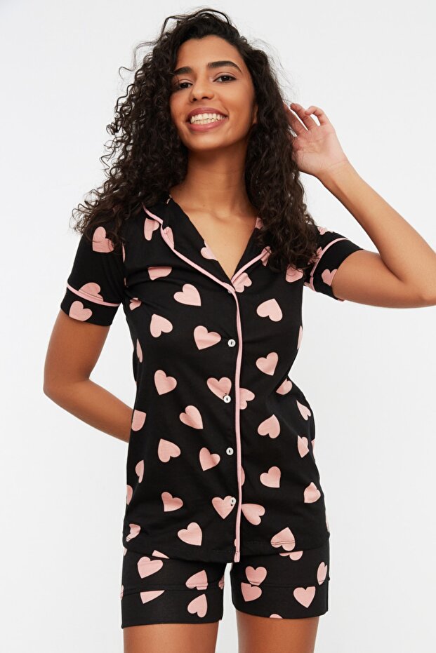 Heart Patterned 100% Cotton Shirt and Shorts Sleepwear Set - THMSS21PT1200 - 11
