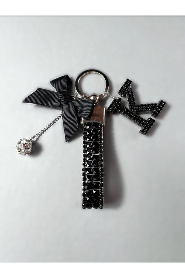 Black Baguette Black Meter Light Keychain Black Letter K Silver Tiny Ball Black Ribbon