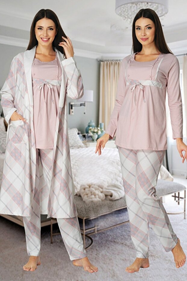 Plaid Detailed Powder Maternity Pajamas Set with Dressing Gown