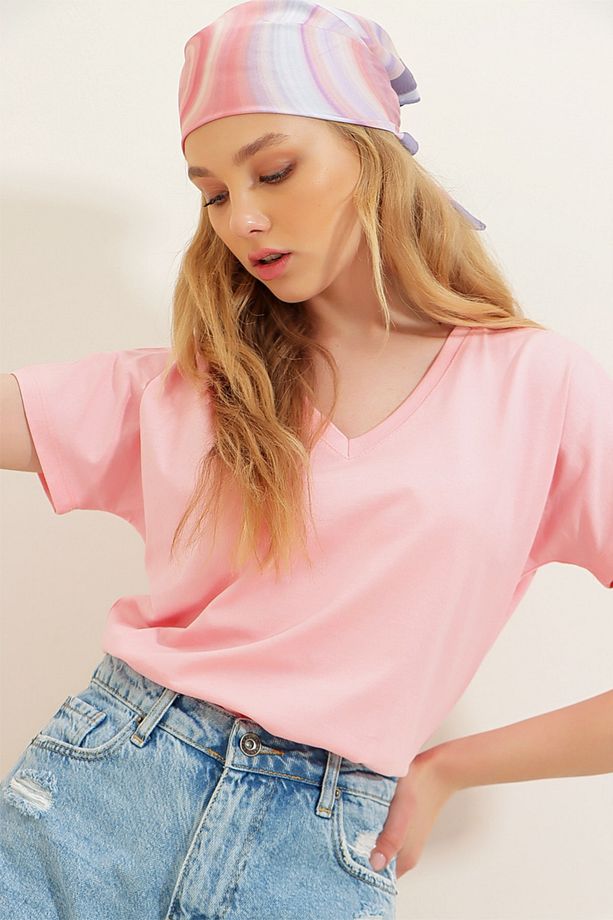 Kadın Pudra V Yaka Basic T-Shirt ALC-1045-A - 1