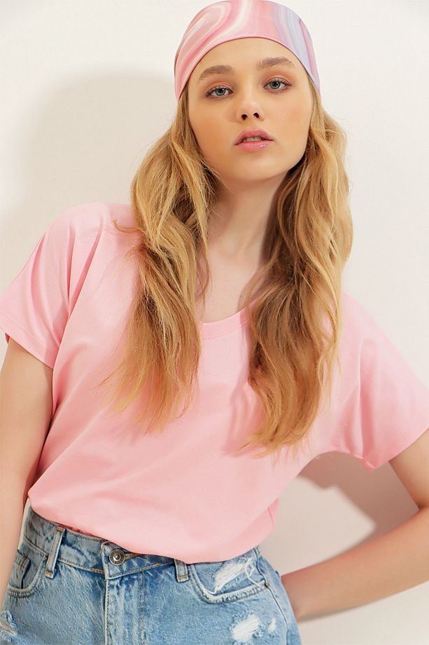 Kadın Pudra V Yaka Basic T-Shirt ALC-1045-A - 4