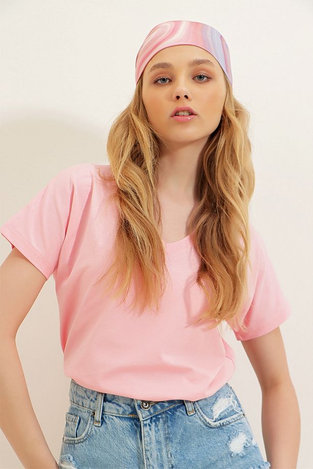Kadın Pudra V Yaka Basic T-Shirt ALC-1045-A - 5