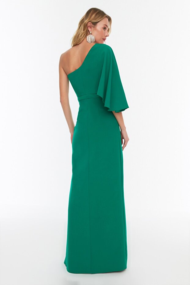Smaragdově zelené plisované detailní tkané večerní šaty Noční šaty TPRSS20AE0049 - 5