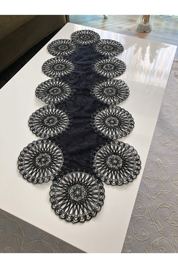 Anglez Kordon Nakışlı Kadife Runner Siyah - 1