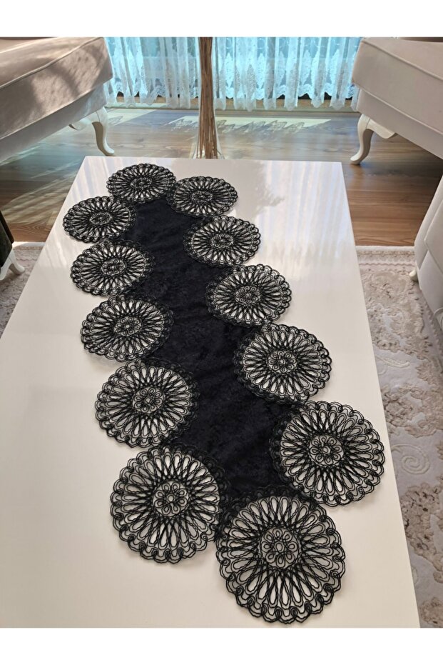 Anglez Kordon Nakışlı Kadife Runner Siyah - 3