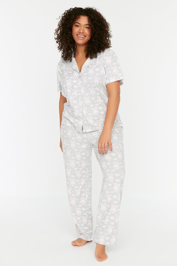 Szary komplet piżam z dzianiny zapinanej na guziki TBBSS22PT0710 - 2