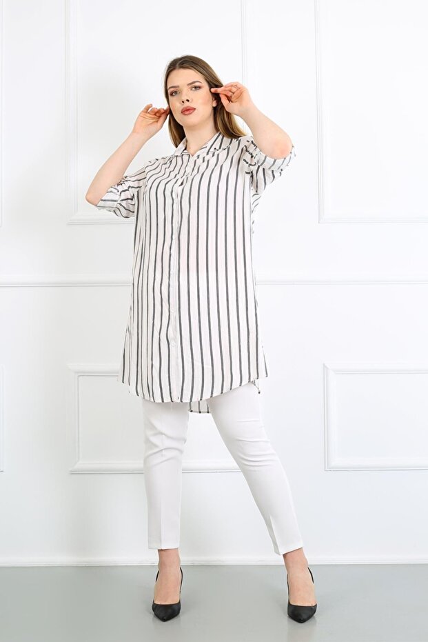 Women's White Double Striped Cotton Viscose Large Size Tunic