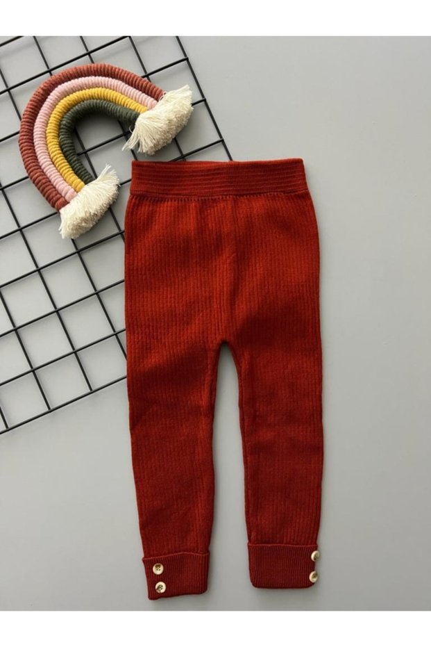 Brick Color High Waist Button Detailed Unisex Knitwear Ribbed Stretchy Tights - Between 3 Months and 6 Years