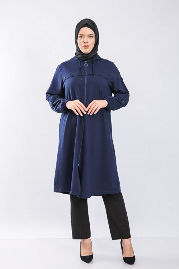 Plus Size Hooded Front Button Detailed Two Thread Zippered Cap Navy Blue