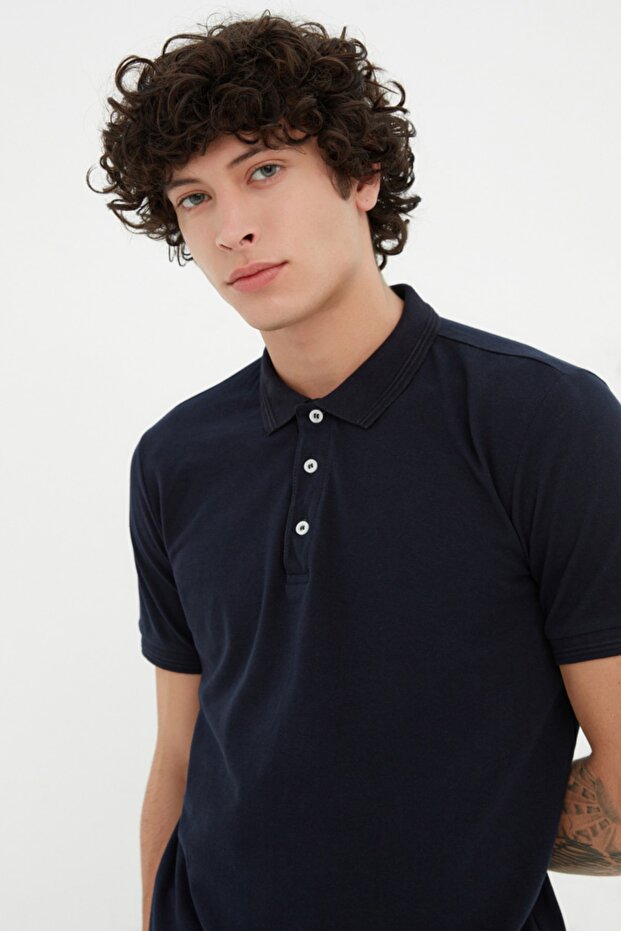 Lacivert Slim/Dar Kesim Polo Yaka Kısa Kollu %100 Pamuk Polo Yaka T-shirt TMNSS20PO0009 - 6