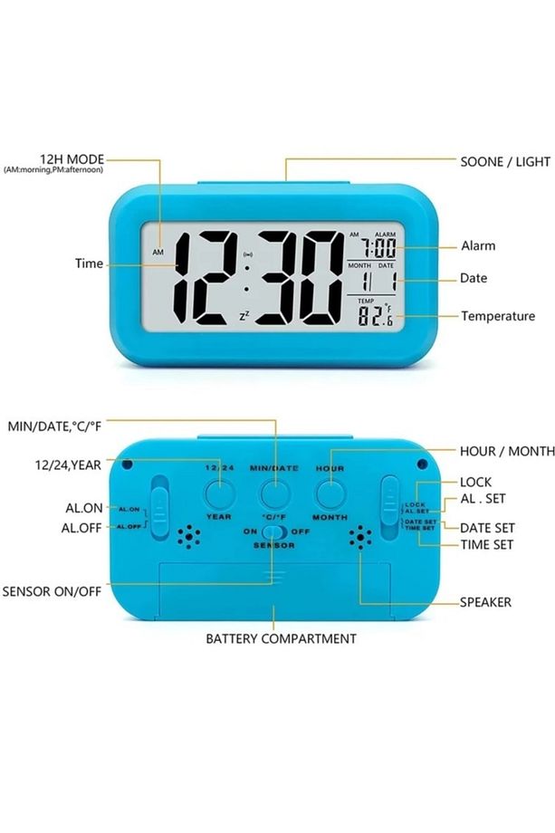Alarmlı Lcd Ekranlı Dijital Masa Saati Alarmlı Termometreli Led Işıklı Takvimli - 4