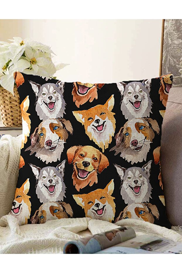 Cute Dogs on Black Background Modern Double Sided Raschel Knitted Pillow Throw Pillow Cover