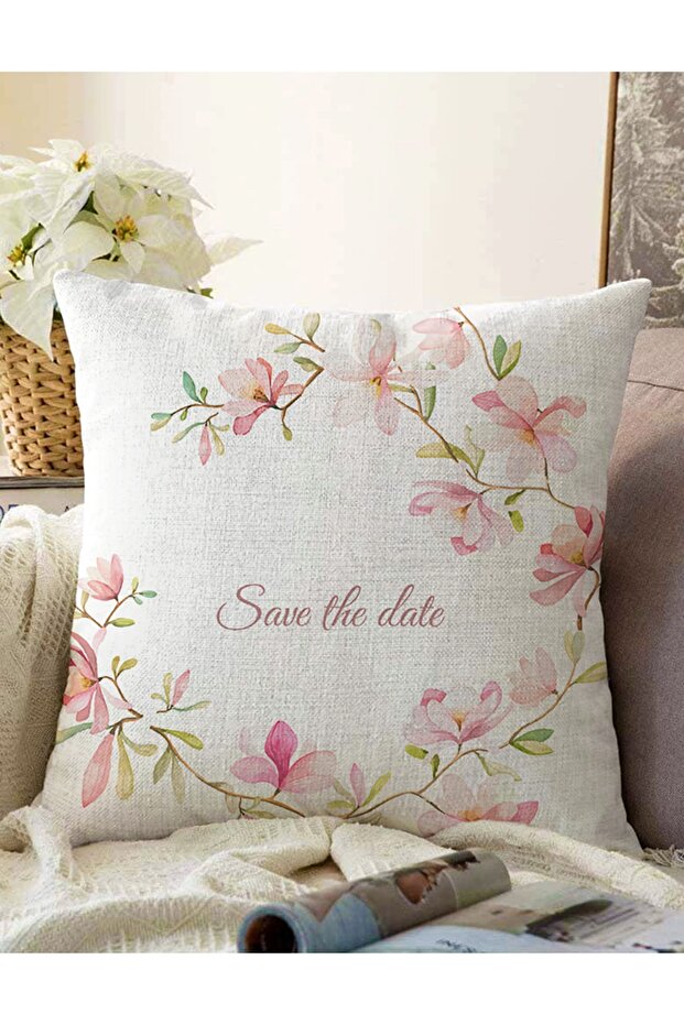 غطاء وسادة محبوك مطبوع رقميًا بنمط زهرة Save The Date مزدوج الجوانب