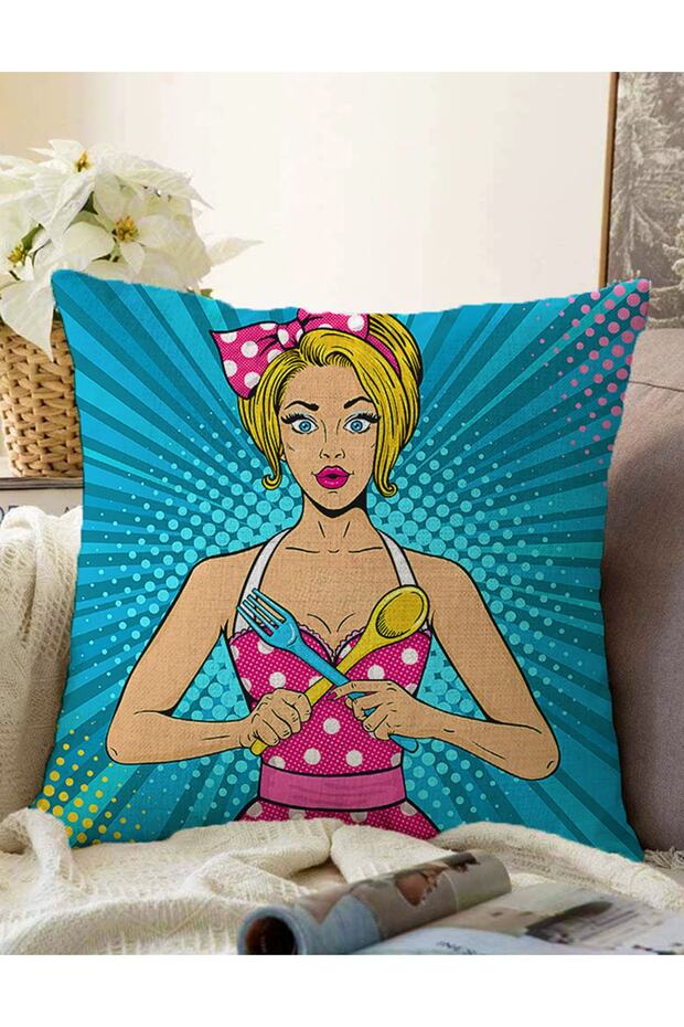 Blue Background Popart Girl Patterned Double Sided Decorative Raschel Knitted Pillow Throw Pillow Cover