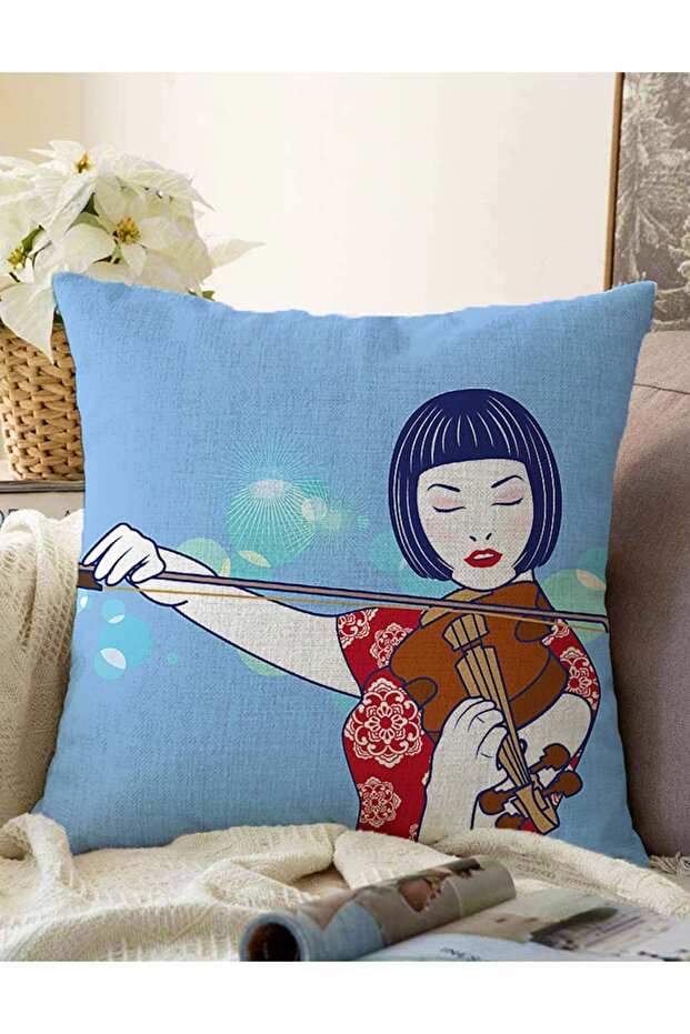 Double Sided Japanese Girl Playing Violin on Blue Background Patterned Decorative Raschel Knitted Throw Pillow Cover