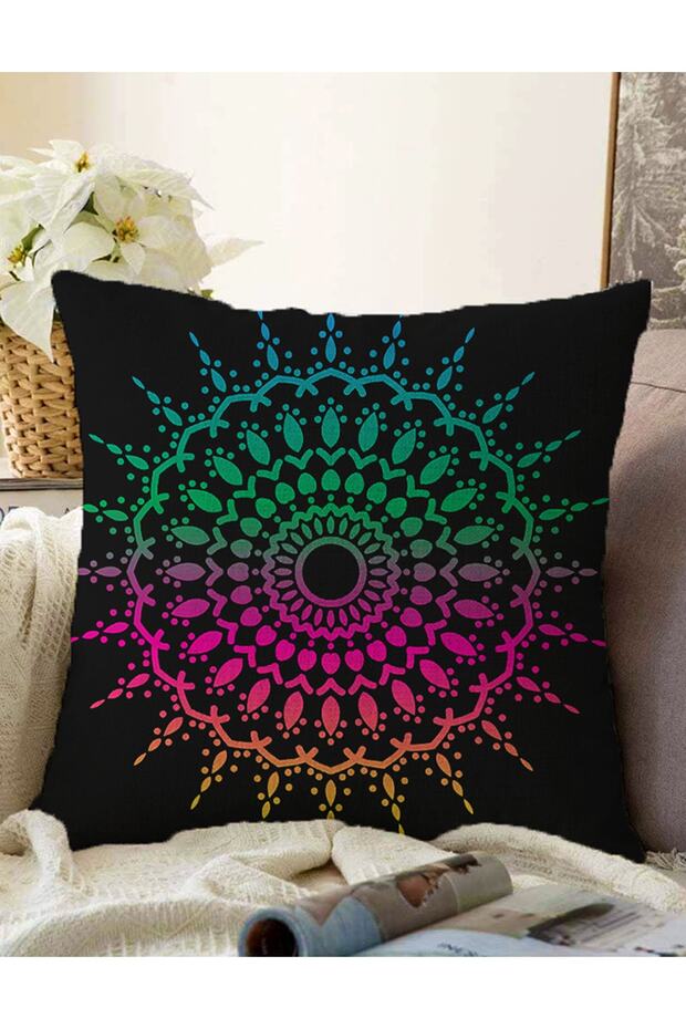 Reversible Black Background Pink and Green Mandala Motif Raschel Knit Cushion Cover