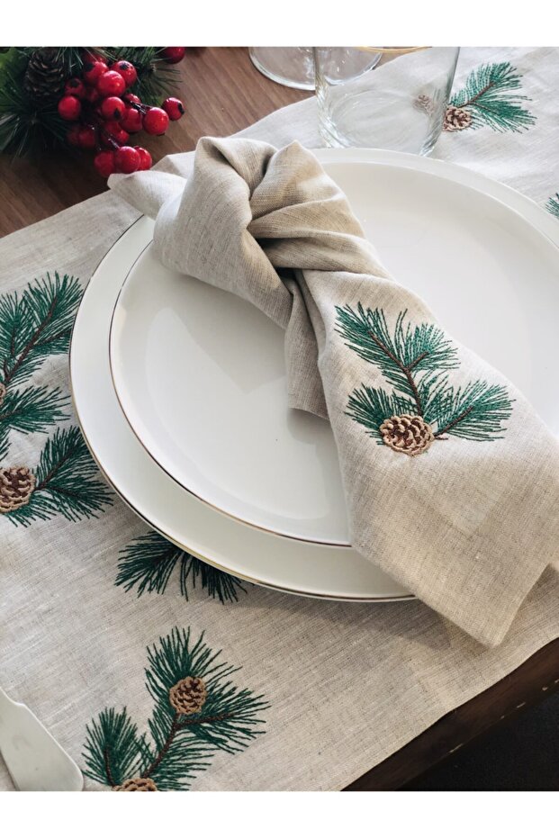 Set of 4 New Year Themed Pine Cone Embroidered Linen Serving Napkins