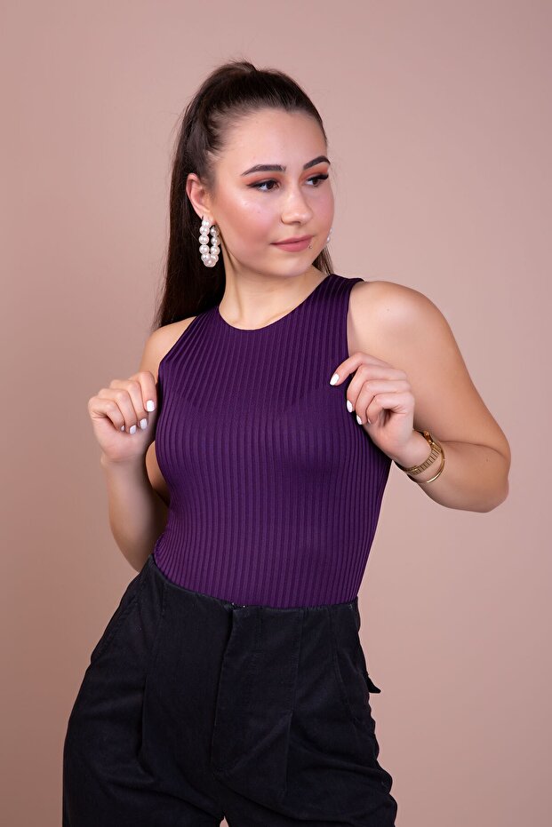 Kadın Mürdüm Çıtçıtlı Örme Body - 1